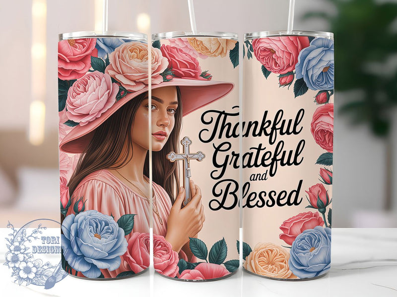 Thankful Grateful Blessed Christian Tumbler, Christian Tumbler Sublimation, Religious Quote Drinkware, 20oz Skinny Tumbler Wrap, Faith Based Sublimation Design, Inspirational Christian Wrap, Blessed Quote Sublimation ToriDesigns 
