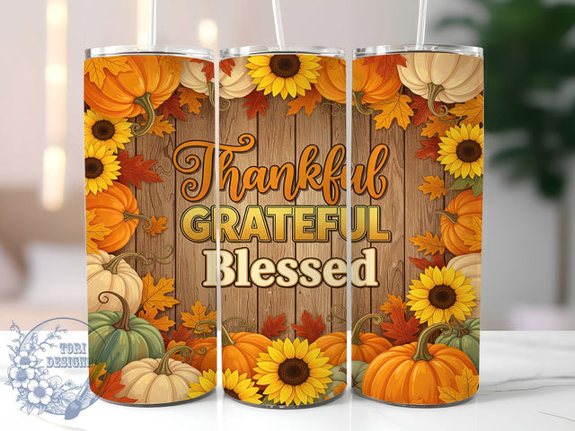Thankful Grateful Blessed Fall Tumbler, Fall Sublimation Tumbler, Autumn Quote Drinkware, 20oz Skinny Tumbler Wrap, Seasonal Inspirational Wrap, Harvest Fall Tumbler Design, Pumpkin Spice Sublimation Wrap Sublimation ToriDesigns 