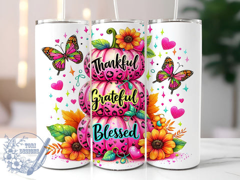 Thankful Grateful Blessed Tumbler Wrap, 20 oz Skinny Tumbler Sublimation Design, Pumpkins PNG, Thanksgiving Tumbler Wrap, Digital Download Sublimation ToriDesigns 