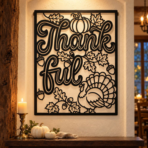 Thankful Laser SVG | Thanksgiving Fall Sign DXF | Turkey, Pumpkin and Acorn Metal Wall Art | Autumn Plasma CNC Cutting File SVG HappyDesignStudio 