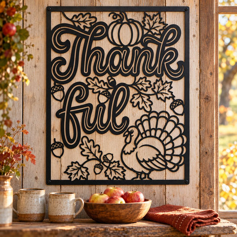 Thankful Laser SVG | Thanksgiving Fall Sign DXF | Turkey, Pumpkin and Acorn Metal Wall Art | Autumn Plasma CNC Cutting File SVG HappyDesignStudio 