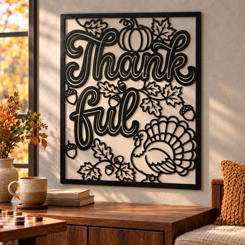 Thankful Laser SVG | Thanksgiving Fall Sign DXF | Turkey, Pumpkin and Acorn Metal Wall Art | Autumn Plasma CNC Cutting File SVG HappyDesignStudio 