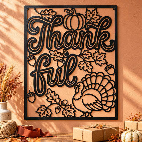 Thankful Laser SVG | Thanksgiving Fall Sign DXF | Turkey, Pumpkin and Acorn Metal Wall Art | Autumn Plasma CNC Cutting File SVG HappyDesignStudio 