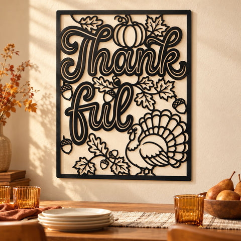Thankful Laser SVG | Thanksgiving Fall Sign DXF | Turkey, Pumpkin and Acorn Metal Wall Art | Autumn Plasma CNC Cutting File SVG HappyDesignStudio 