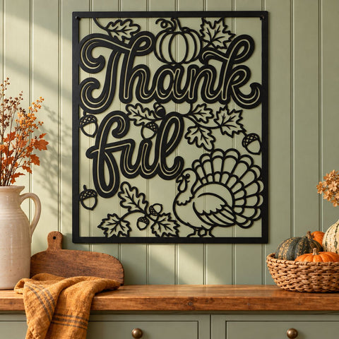 Thankful Laser SVG | Thanksgiving Fall Sign DXF | Turkey, Pumpkin and Acorn Metal Wall Art | Autumn Plasma CNC Cutting File SVG HappyDesignStudio 