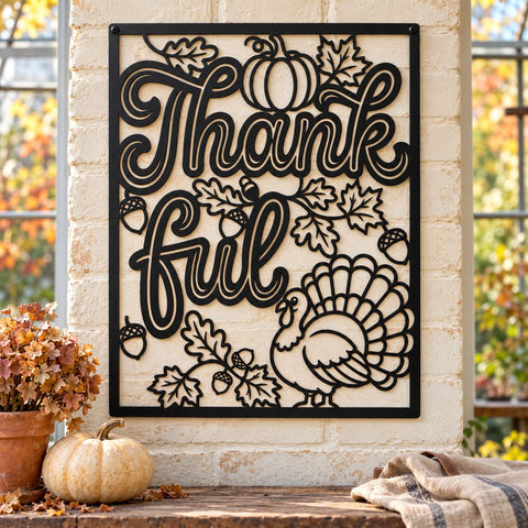 Thankful Laser SVG | Thanksgiving Fall Sign DXF | Turkey, Pumpkin and Acorn Metal Wall Art | Autumn Plasma CNC Cutting File SVG HappyDesignStudio 