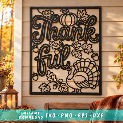 Thankful Laser SVG | Thanksgiving Fall Sign DXF | Turkey, Pumpkin and Acorn Metal Wall Art | Autumn Plasma CNC Cutting File SVG HappyDesignStudio 