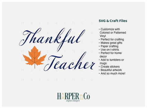 Thankful Teacher with Leaf SVG PNG Cut EPS File SVG HarperNCo 