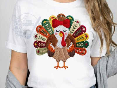 Thanksgiving Embroidered Turkey T-Shirt PNG, Embroidered Turkey, Thanksgiving Style, Holiday Vibes, Autumn Fashion, Sublimation PNG, Statement Shirt, Festive Apparel Sublimation ToriDesigns 