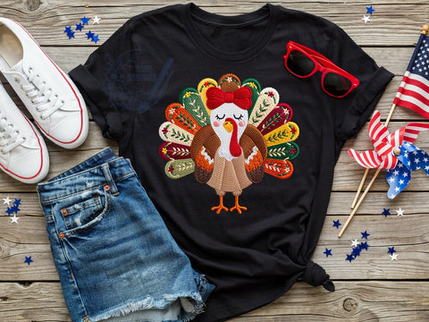 Thanksgiving Embroidered Turkey T-Shirt PNG, Embroidered Turkey, Thanksgiving Style, Holiday Vibes, Autumn Fashion, Sublimation PNG, Statement Shirt, Festive Apparel Sublimation ToriDesigns 