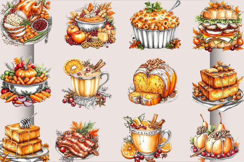 Thanksgiving Food Clipart Bundle. Sublimation SVGArt 
