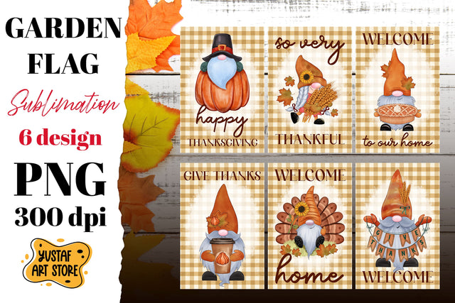 Thanksgiving garden flag bundle. 6 Thanksgiving gnome design Sublimation Yustaf Art Store 