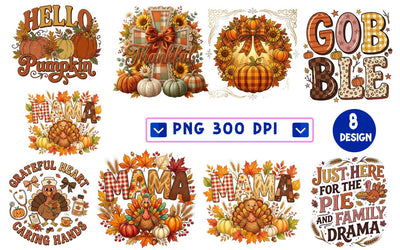 Thanksgiving PNG Bundle, 8 Fall Sublimation Designs, Retro Turkey Mama Nurse Pumpkin Shirt Designs, Hello Pumpkin Gobble Thankful, 300 DPI, Instant Download Sublimation Insomnia Std 