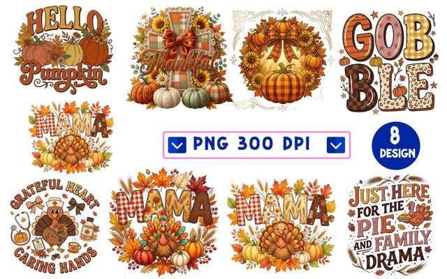 Thanksgiving PNG Bundle, 8 Fall Sublimation Designs, Retro Turkey Mama Nurse Pumpkin Shirt Designs, Hello Pumpkin Gobble Thankful, 300 DPI, Instant Download Sublimation Insomnia Std 