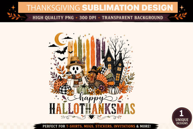 Thanksgiving PNG, Happy HallowThanksMas Sublimation Design, Thanksgiving Halloween Christmas Fall Pumpkin Turkey Shirt, Autumn DTF Transfer, Cricut, Mug, Tumbler Download Sublimation BlackCatsMedia 