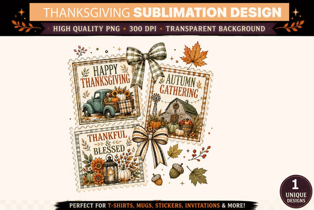 Thanksgiving PNG, Happy Thanksgiving Autumn Gathering Thankful Blessed Sublimation Design, Vintage Farmhouse Fall Truck Barn Pumpkins, DTF, Cricut, T-Shirt, Mug, Tumbler Sublimation BlackCatsMedia 