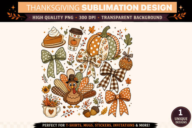 Thanksgiving PNG, Thanksgiving Sublimation Clipart Bundle, Turkey Pumpkin Bow Fall Design, Pie Coffee Autumn Shirt, Thanksgiving T-Shirt, DTF Transfer, Cricut, Mug, Tumbler Sublimation BlackCatsMedia 