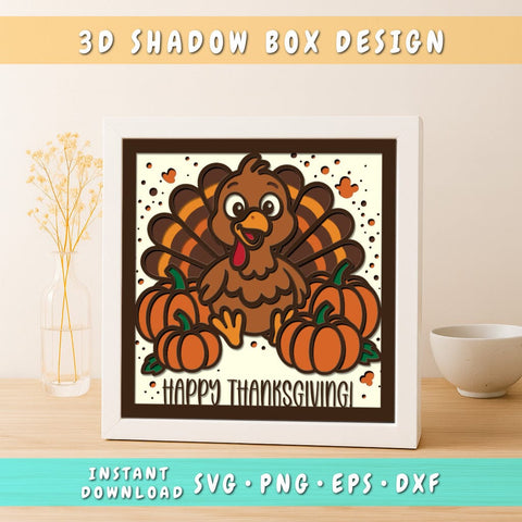 Thanksgiving Turkey 3D Shadow Box SVG, Happy Thanksgiving Layered Paper Cut, Fall Pumpkin Shadow Box, Cricut and Silhouette SVG Template SVG HappyDesignStudio 