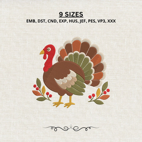 Thanksgiving Turkey Embroidery Design – Fall Turkey Machine Embroidery File, Autumn Harvest Bird with Leaves and Berries Embroidery/Applique DESIGNS PatternFeed8 