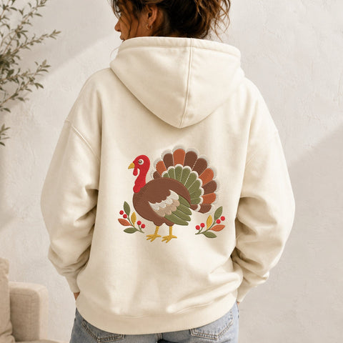 Thanksgiving Turkey Embroidery Design – Fall Turkey Machine Embroidery File, Autumn Harvest Bird with Leaves and Berries Embroidery/Applique DESIGNS PatternFeed8 