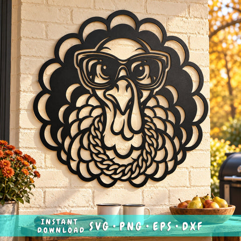 Thanksgiving Turkey Glasses Laser SVG | Funny Turkey with Necklace DXF | Fall Metal Wall Art | Holiday Plasma CNC Cutting File SVG HappyDesignStudio 