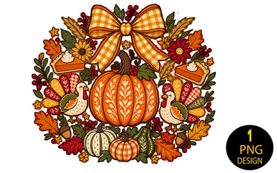 Thanksgiving Wreath PNG, Fall Pumpkin Turkey Sublimation Design, Gingham Bow Autumn Clipart, Pumpkin Pie Harvest Shirt Design, Instant Download Sublimation Insomnia Std 
