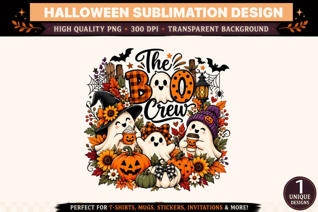 The BOO Crew Halloween PNG Sublimation Design, Cute Ghost Family with Witch Hats and Pumpkin Spice Cups, Jack O Lantern Pumpkins, Sunflowers, Plaid Bows, Autumn Leaves Clipart Sublimation BlackCatsMedia 