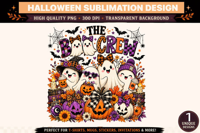 The Boo Crew Halloween PNG Sublimation Design, Cute Ghost Squad with Witch Hats, Pumpkin Candy Buckets, Plaid Bows, Spooky Pumpkins, Purple Orange Autumn Clipart SVG BlackCatsMedia 