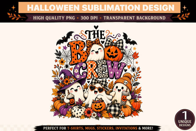 The BOO Crew Halloween PNG Sublimation Design, Cute Ghost Squad with Witch Hats, Pumpkin Candy Buckets, Skeleton Beanie, Heart Sunglasses, Buffalo Plaid Bows and Autumn Floral Clipart Sublimation BlackCatsMedia 
