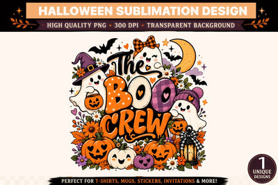 The BOO Crew Halloween PNG Sublimation Design, Cute Ghosts with Witch Hats and Purple Beanie, Smiling Jack O Lantern Pumpkins, Orange Purple Plaid Bows, Crescent Moon and Floral Spooky Clipart Sublimation BlackCatsMedia 
