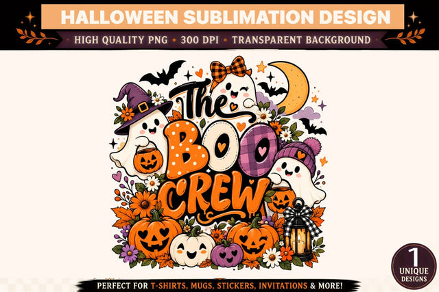 The BOO Crew Halloween PNG Sublimation Design, Cute Ghosts with Witch Hats and Purple Beanie, Smiling Jack O Lantern Pumpkins, Orange Purple Plaid Bows, Crescent Moon and Floral Spooky Clipart Sublimation BlackCatsMedia 