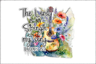 The Lord is My Strength and My Song PNG Exodus 15:2 Printable Bible Verse PNG Bible Quote Print Christian PNG Retro Floral Guitar Music png Sublimation Jagonath Roy 