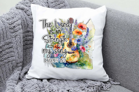 The Lord is My Strength and My Song PNG Exodus 15:2 Printable Bible Verse PNG Bible Quote Print Christian PNG Retro Floral Guitar Music png Sublimation Jagonath Roy 