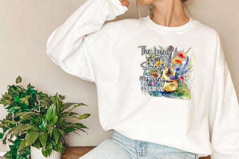 The Lord is My Strength and My Song PNG Exodus 15:2 Printable Bible Verse PNG Bible Quote Print Christian PNG Retro Floral Guitar Music png Sublimation Jagonath Roy 