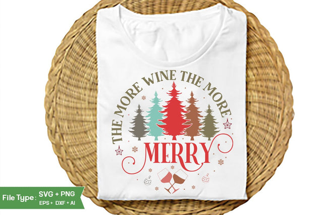 The More Wine The More Merry Round Sign SVG Design, Farmhouse Christmas Round Sign SVG Design, Christmas SVG Design, SVGs, Food & Drink, Print & Cut, Quotes and Sayings SVG DesignPlante 503 