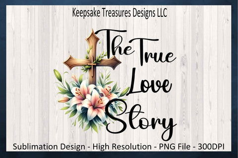 The True Love Story Sublimation PNG, Inspirational Shirt Design, Easter Tote Bag Design, Wooden Cross, Digital Download, Printable PNG Sublimation Keepsake Treasures Designs LLC. 