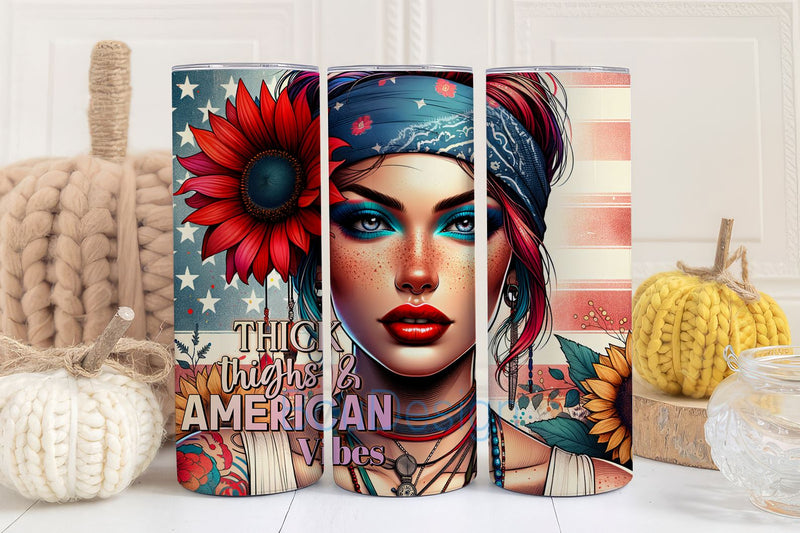 Thick Thighs & American Vibes 20 oz Skinny Tumbler Sublimation Design Digital Download, 4th Of July Design Png, America Tumbler Wrap Png Sublimation BouDesign 