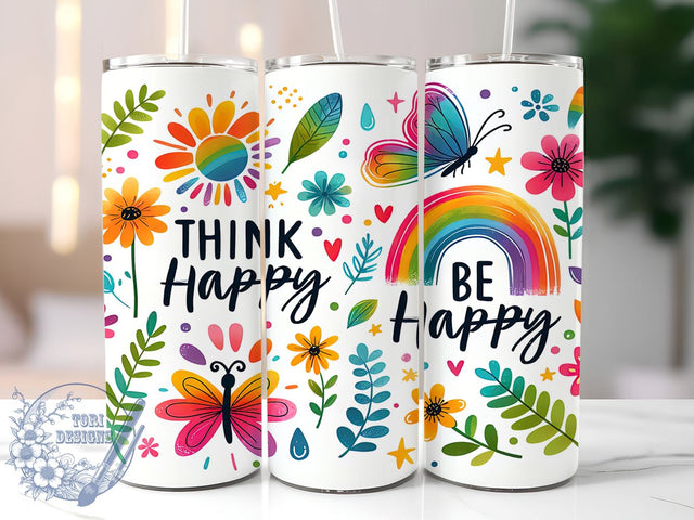Think Happy Be Happy 20oz Skinny Tumbler, Positive Affirmations Tumbler Png, Straight & Tapered Tumbler Wrap, Instant Digital Download Sublimation ToriDesigns 
