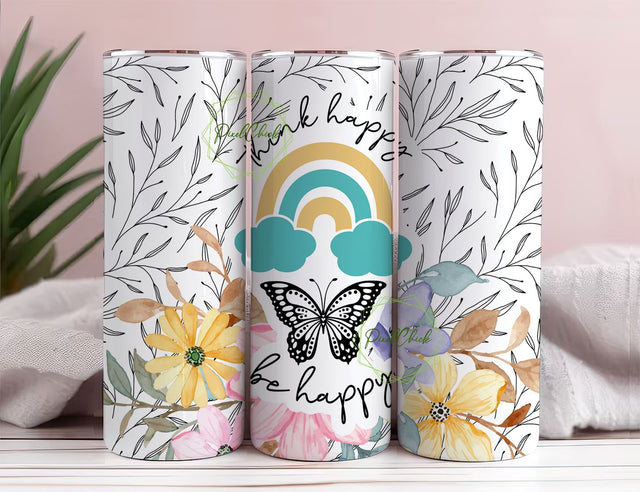 Think Happy Be Happy Inspiration Quotes 20oz Skinny Tumbler Wrap Positive Affirmations PNG Sublimation Designs Sublimation PixelChick 