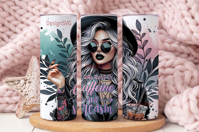 This girl runs on Caffeine & Sarcasm Tumbler Wrap 20oz Skinny, Motivational Quote, Funny Sarcastic Tumbler, Sarcastic Sublimation Design PNG Sublimation DesignSVG 