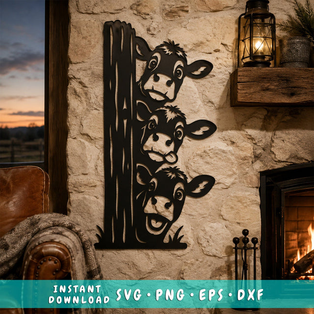 Three Cows Peeking Laser SVG | Funny Cow Metal Art DXF | Farmhouse Cow Decor | Cattle CNC File | Plasma Cut Farm Sign SVG HappyDesignStudio 