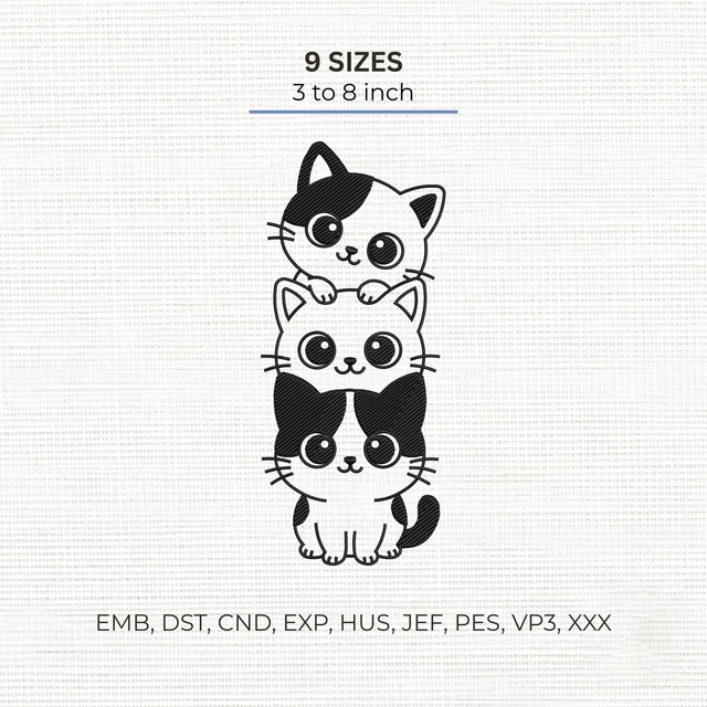 Three Cute Kittens Embroidery Design – Stacked Cats Kawaii Kitten Machine Embroidery File Embroidery/Applique DESIGNS PatternFeed8 