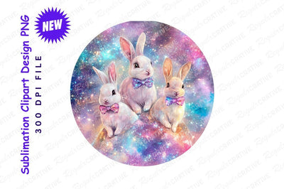 Three Cute Rabbits Wearing Bow Ties On A Galaxy Background Sublimation Regulrcrative 