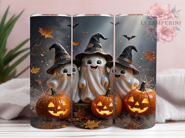 Three Ghosts Witch Hats 20oz Tumbler, Ghost Motif, Witch Hat Design, Halloween Theme, Spooky Accent, Festive Charm, Sublimation Wrap, 20oz Tumbler Sublimation Li Zamperini 