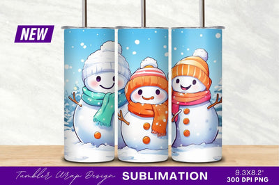 Three Happy Snowmen Winter Scene Tumbler Png Sublimation Regulrcrative 