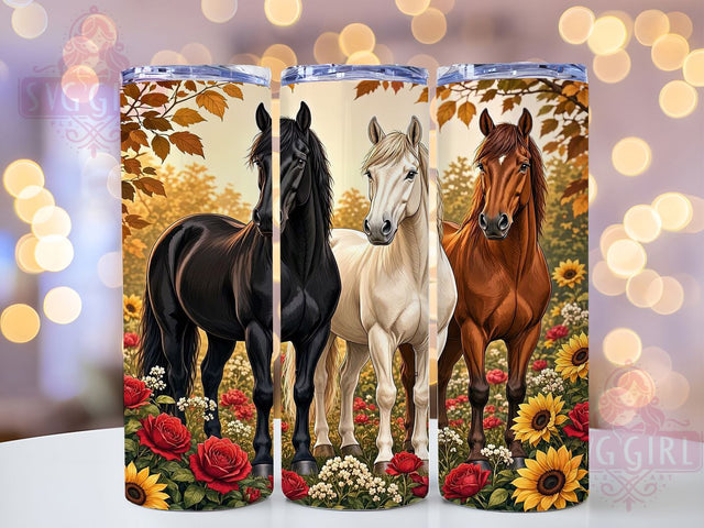 Three Horses Autumn Floral 20oz Tumbler, Horse Design, Autumn Motif, Floral Pattern, Rustic Charm, Western Style, 20oz Wrap, Sublimation Tumbler Sublimation SvggirlplusArt 