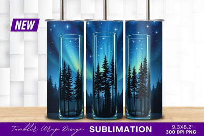Three Tumblers With Northern Lights And Trees Sublimation Regulrcrative 