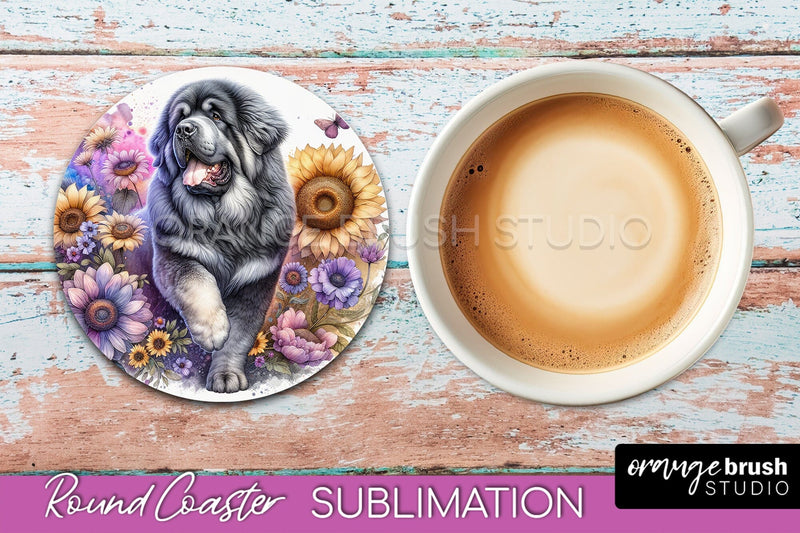 Tibetan Mastiff Round Coaster - Dog Mom Floral Coaster Sublimation Sublimation OrangeBrushStudio 