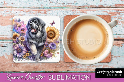Tibetan Mastiff Square Coaster - Dog Mom Floral Coaster Sublimation Sublimation OrangeBrushStudio 