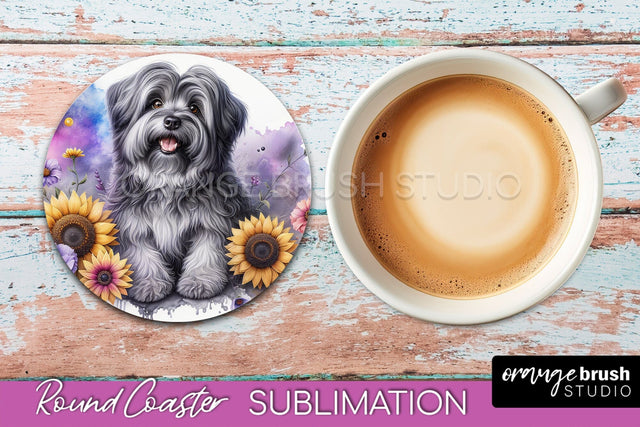 Tibetan Terrier Round Coaster - Dog Mom Floral Coaster Sublimation Sublimation OrangeBrushStudio 